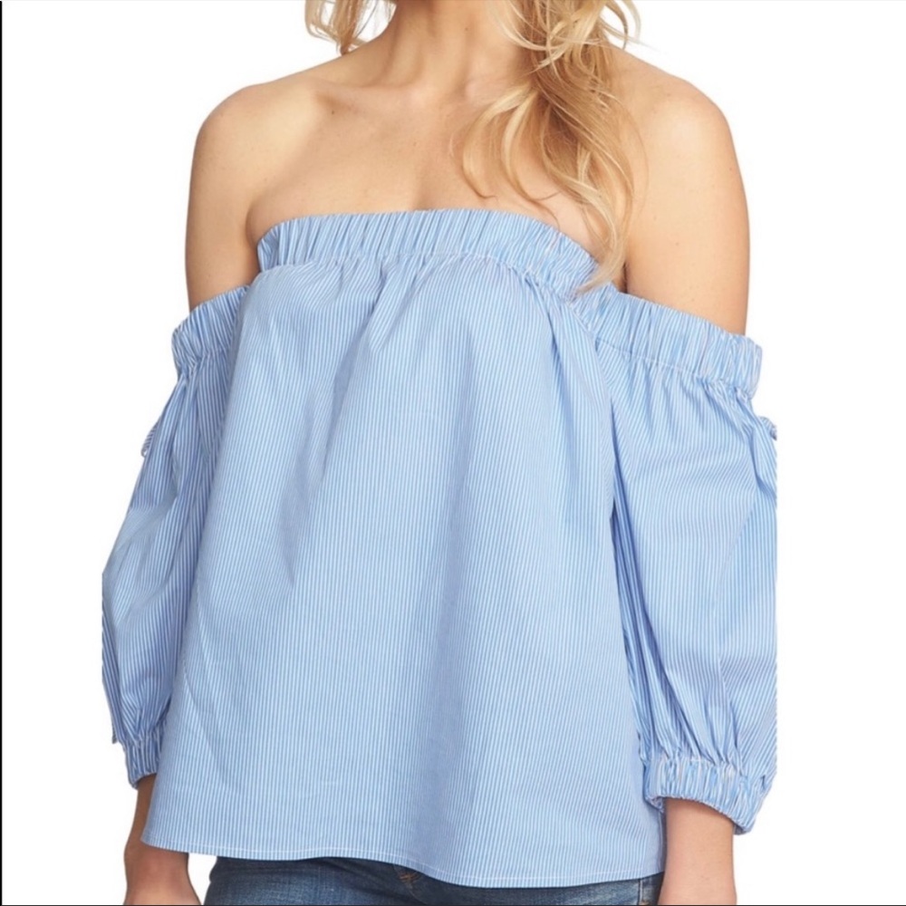 1. State Pinstripe Off the Shoulder Top Blue White Medium